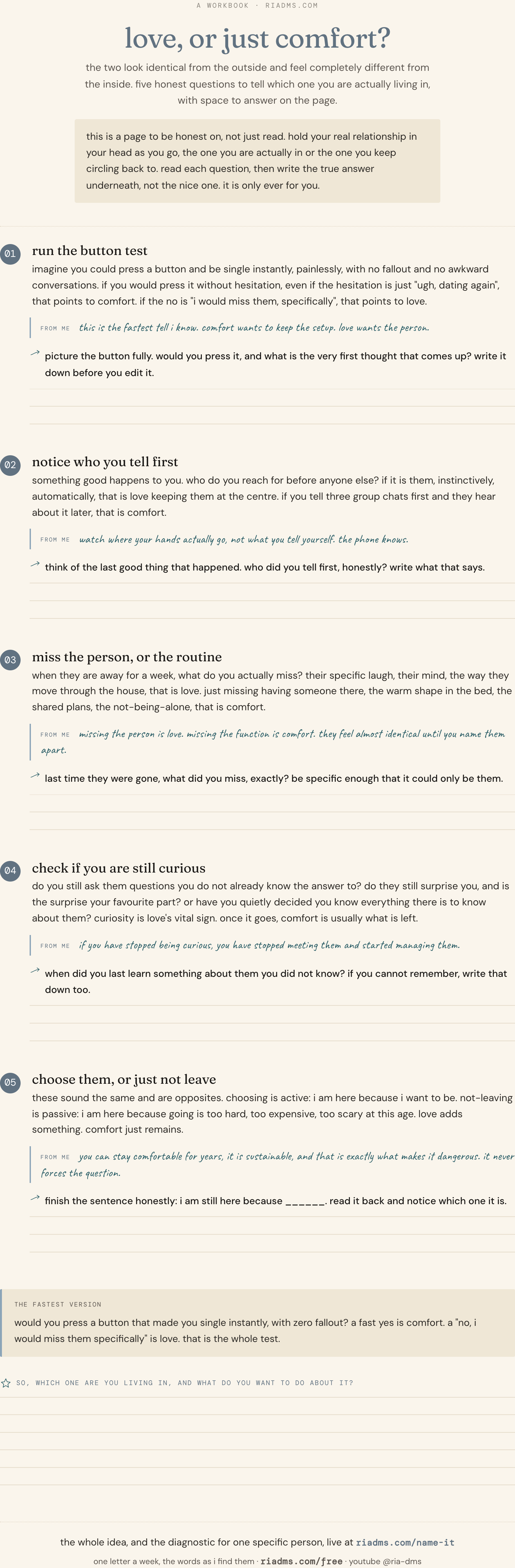 love, or just comfort?, a one-page fill-in workbook