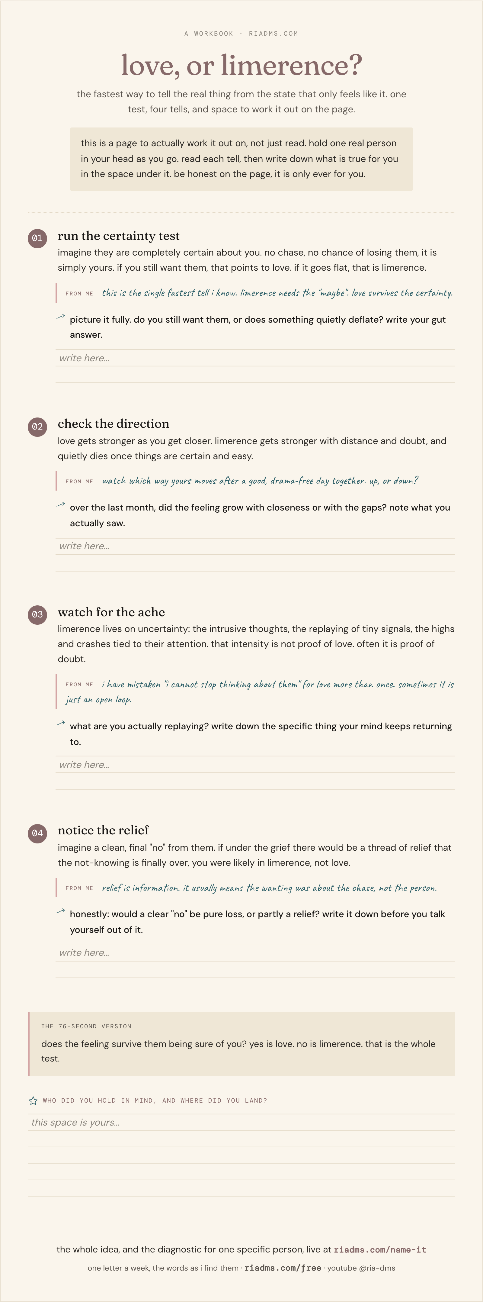 love, or limerence?, a one-page fill-in workbook