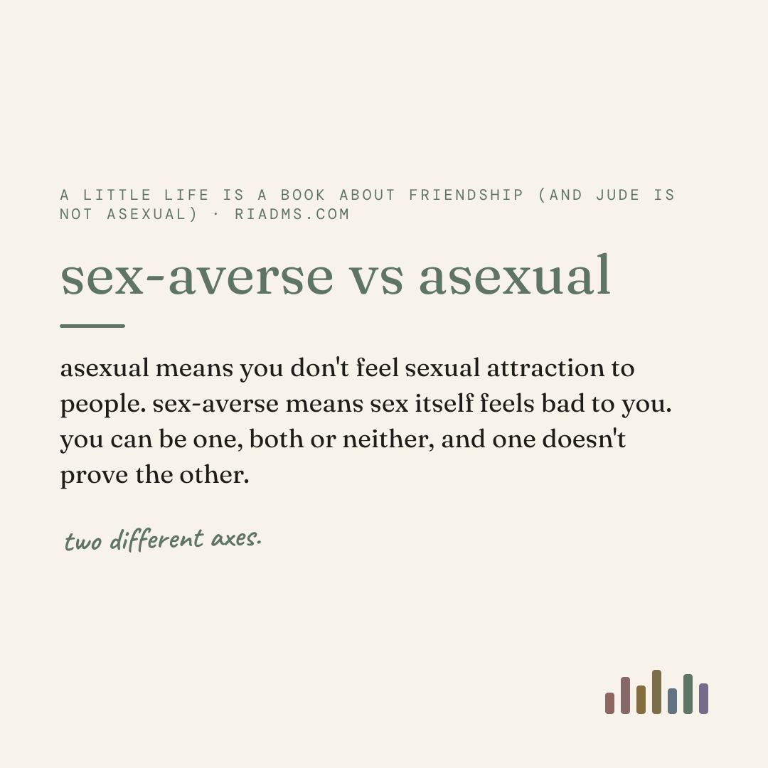 sex-averse vs asexual, defined: asexual means you don't feel sexual attraction to people. sex-averse means sex itself feels bad to you. you can be one, both or neither, and one doesn't prove the other.