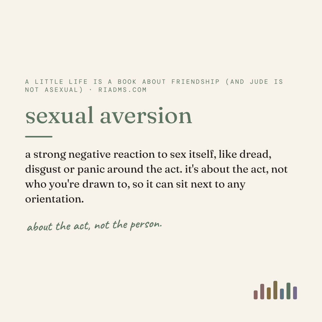 sexual aversion, defined: a strong negative reaction to sex itself, like dread, disgust or panic around the act. it's about the act, not who you're drawn to, so it can sit next to any orientation.