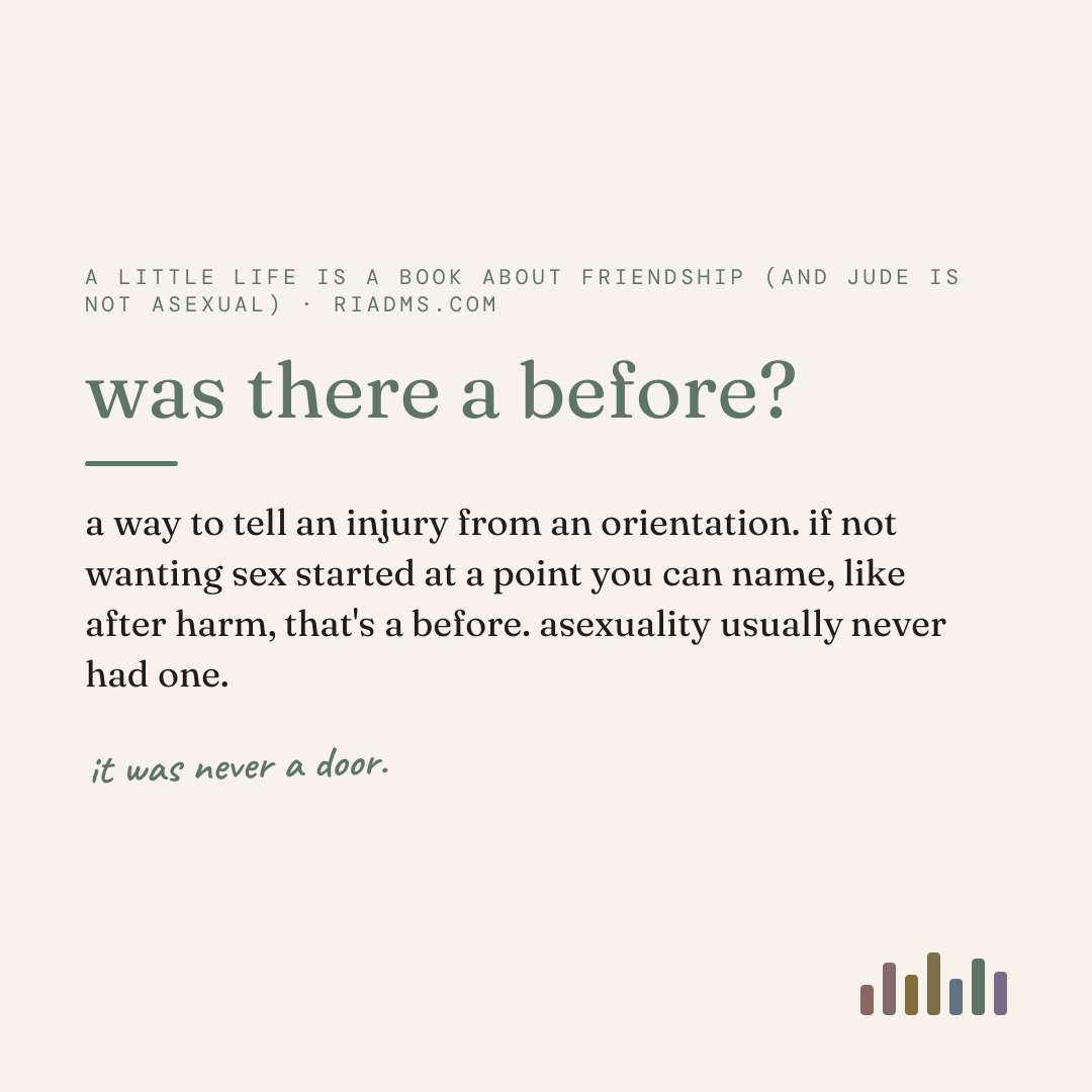 was there a before?, defined: a way to tell an injury from an orientation. if not wanting sex started at a point you can name, like after harm, that's a before. asexuality usually never had one.
