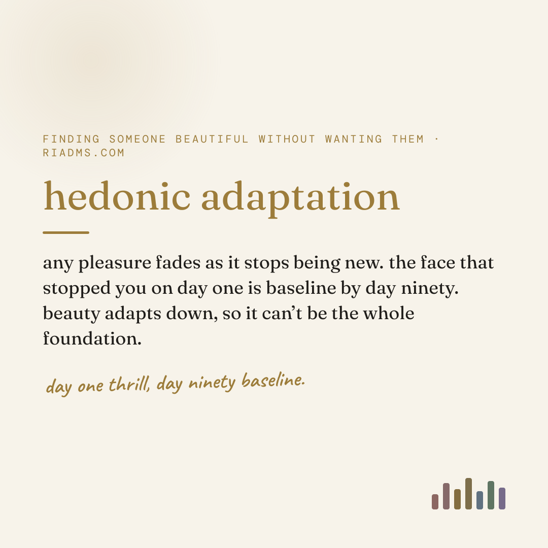 hedonic adaptation, defined: any pleasure fades as it stops being new. the face that stopped you on day one is baseline by day ninety. beauty adapts down, so it can’t be the whole foundation.
