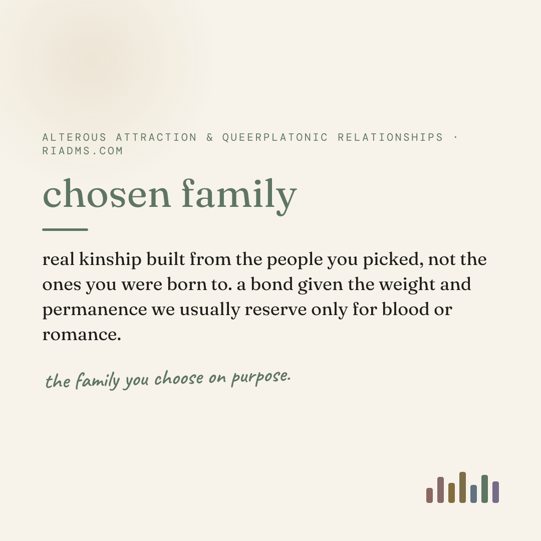 chosen family, defined: real kinship built from the people you picked, not the ones you were born to. a bond given the weight and permanence we usually reserve only for blood or romance.
