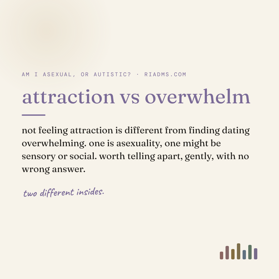 attraction vs overwhelm, defined: not feeling attraction is different from finding dating overwhelming. one is asexuality, one might be sensory or social. worth telling apart, gently, with no wrong answer.