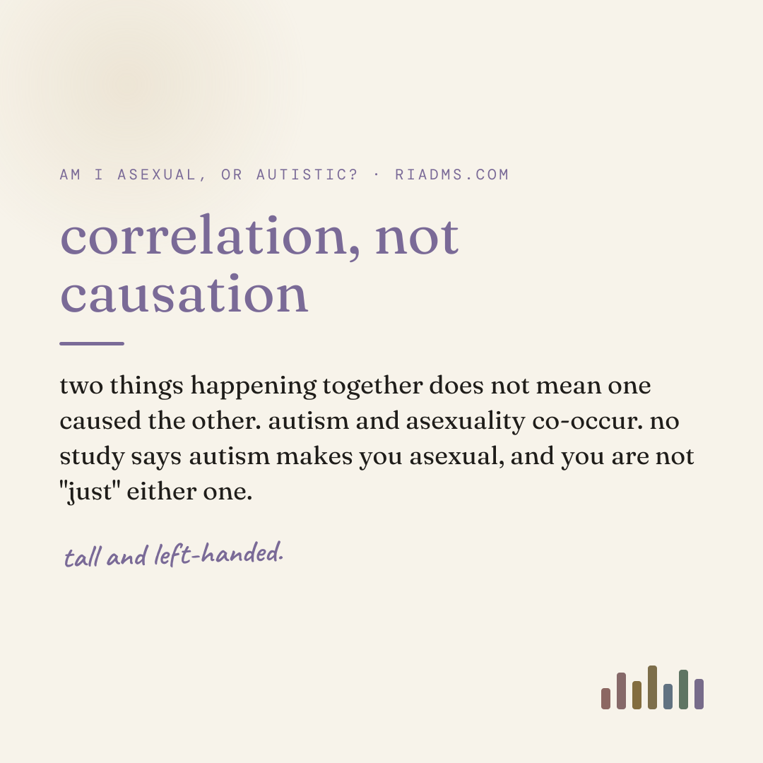correlation, not causation, defined: two things happening together does not mean one caused the other. autism and asexuality co-occur. no study says autism makes you asexual, and you are not "just" either one.