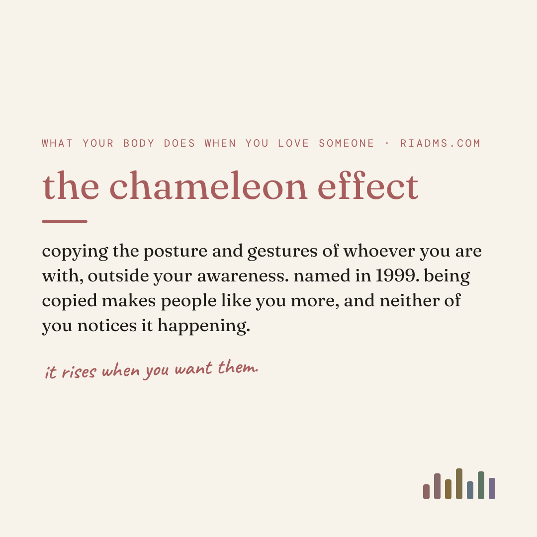 the chameleon effect, defined: copying the posture and gestures of whoever you are with, outside your awareness. named in 1999. being copied makes people like you more, and neither of you notices it happening.