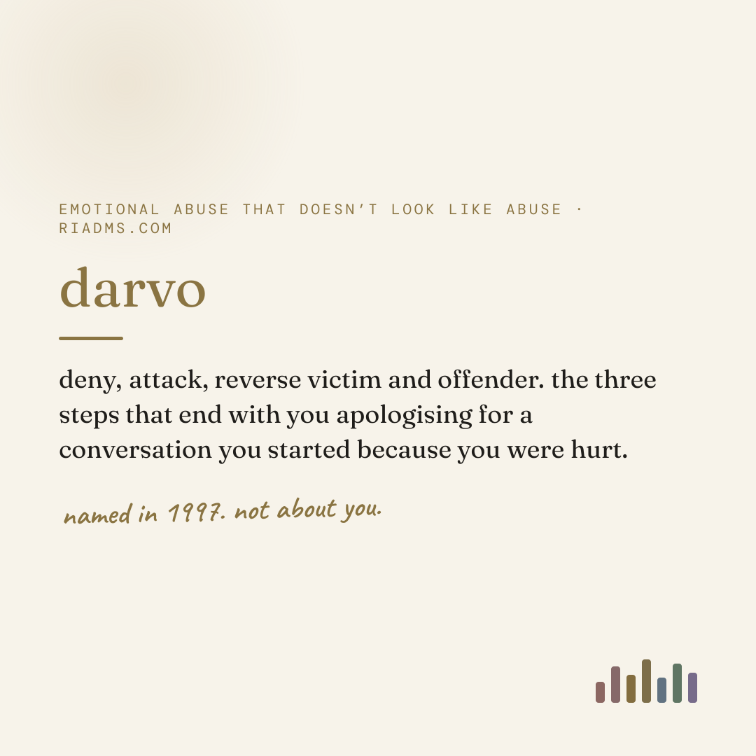 darvo, defined: deny, attack, reverse victim and offender. the three steps that end with you apologising for a conversation you started because you were hurt.