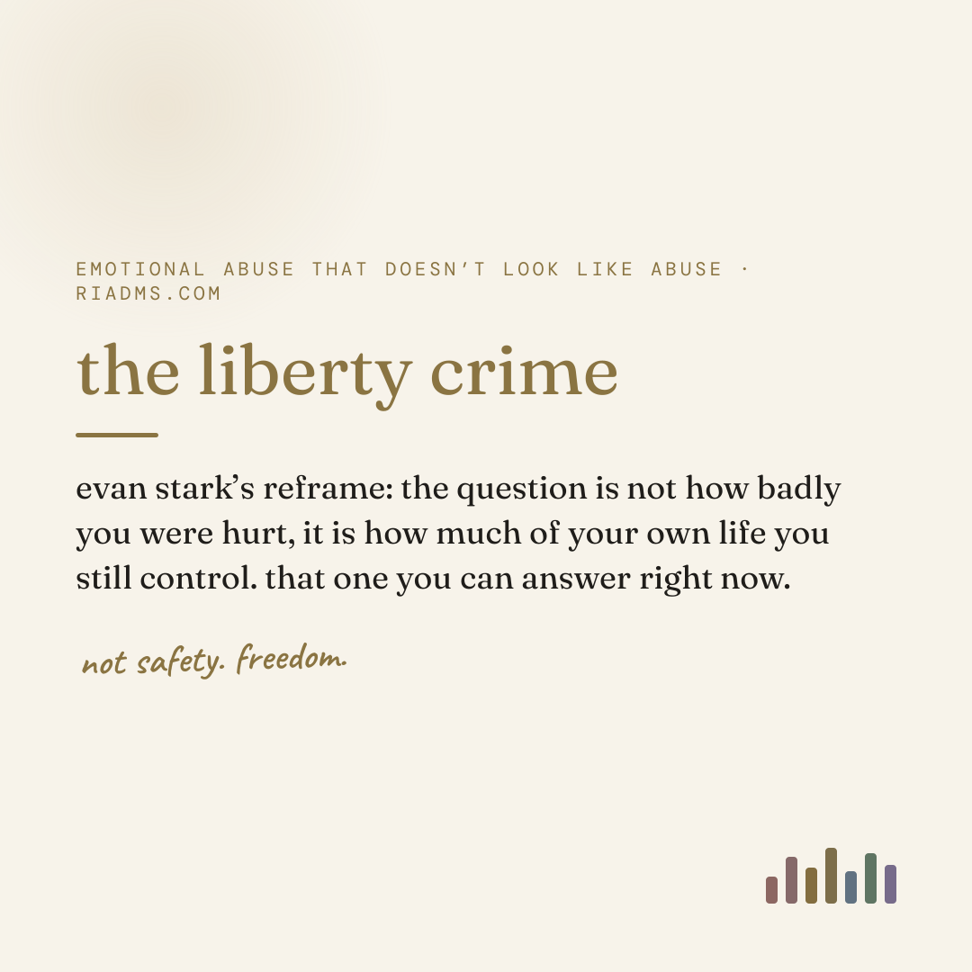 the liberty crime, defined: evan stark’s reframe: the question is not how badly you were hurt, it is how much of your own life you still control. that one you can answer right now.