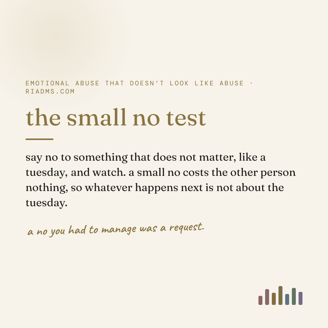 the small no test, defined: say no to something that does not matter, like a tuesday, and watch. a small no costs the other person nothing, so whatever happens next is not about the tuesday.