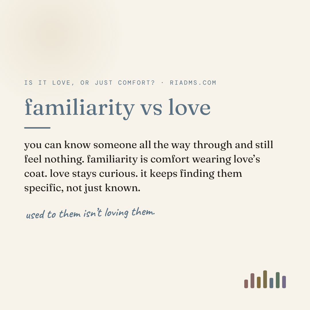 familiarity vs love, defined: you can know someone all the way through and still feel nothing. familiarity is comfort wearing love’s coat. love stays curious. it keeps finding them specific, not just known.