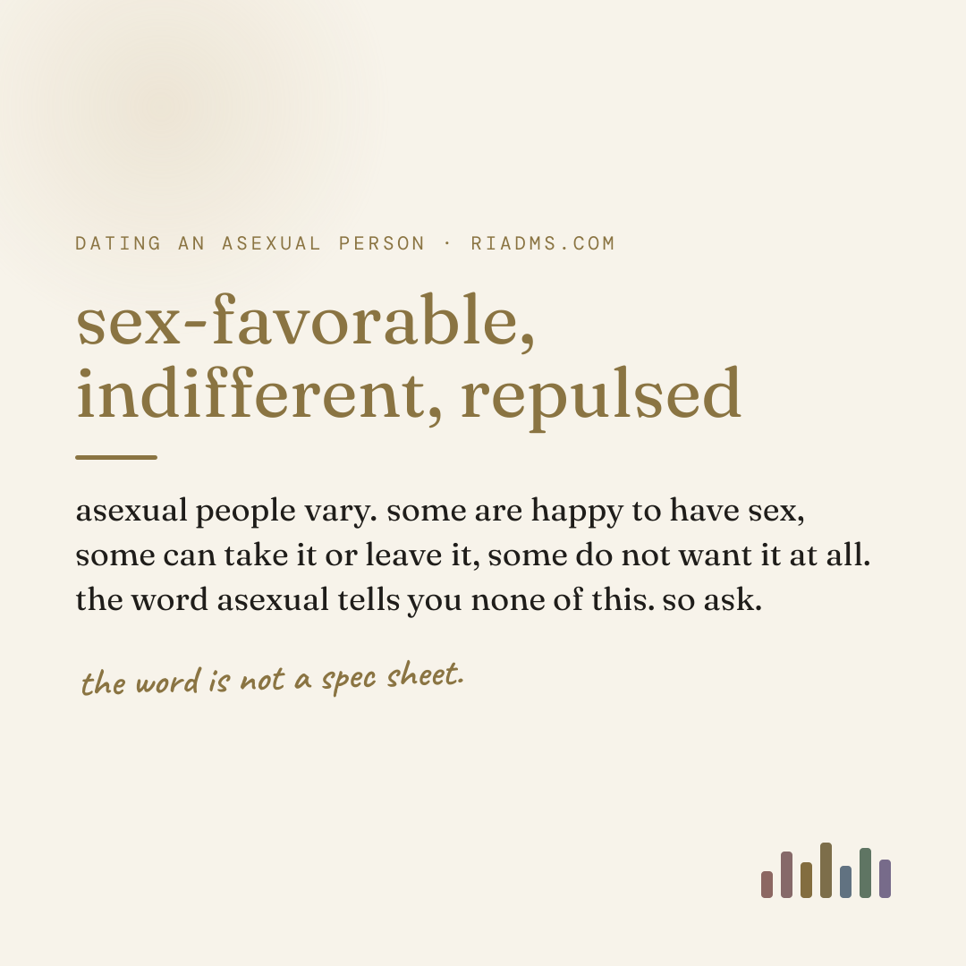 sex-favorable, indifferent, repulsed, defined: asexual people vary. some are happy to have sex, some can take it or leave it, some do not want it at all. the word asexual tells you none of this. so ask.