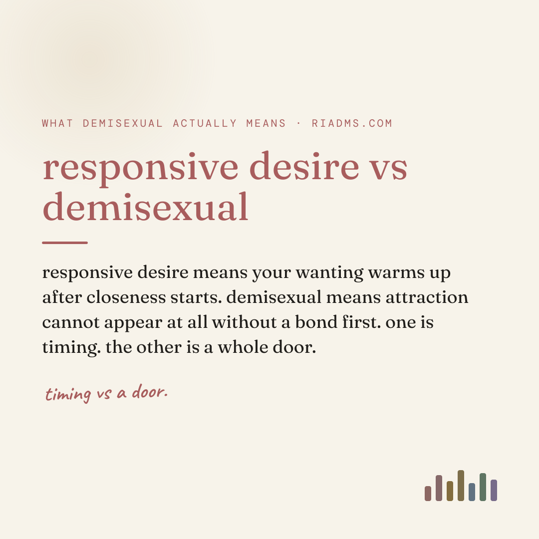 responsive desire vs demisexual, defined: responsive desire means your wanting warms up after closeness starts. demisexual means attraction cannot appear at all without a bond first. one is timing. the other is a whole door.