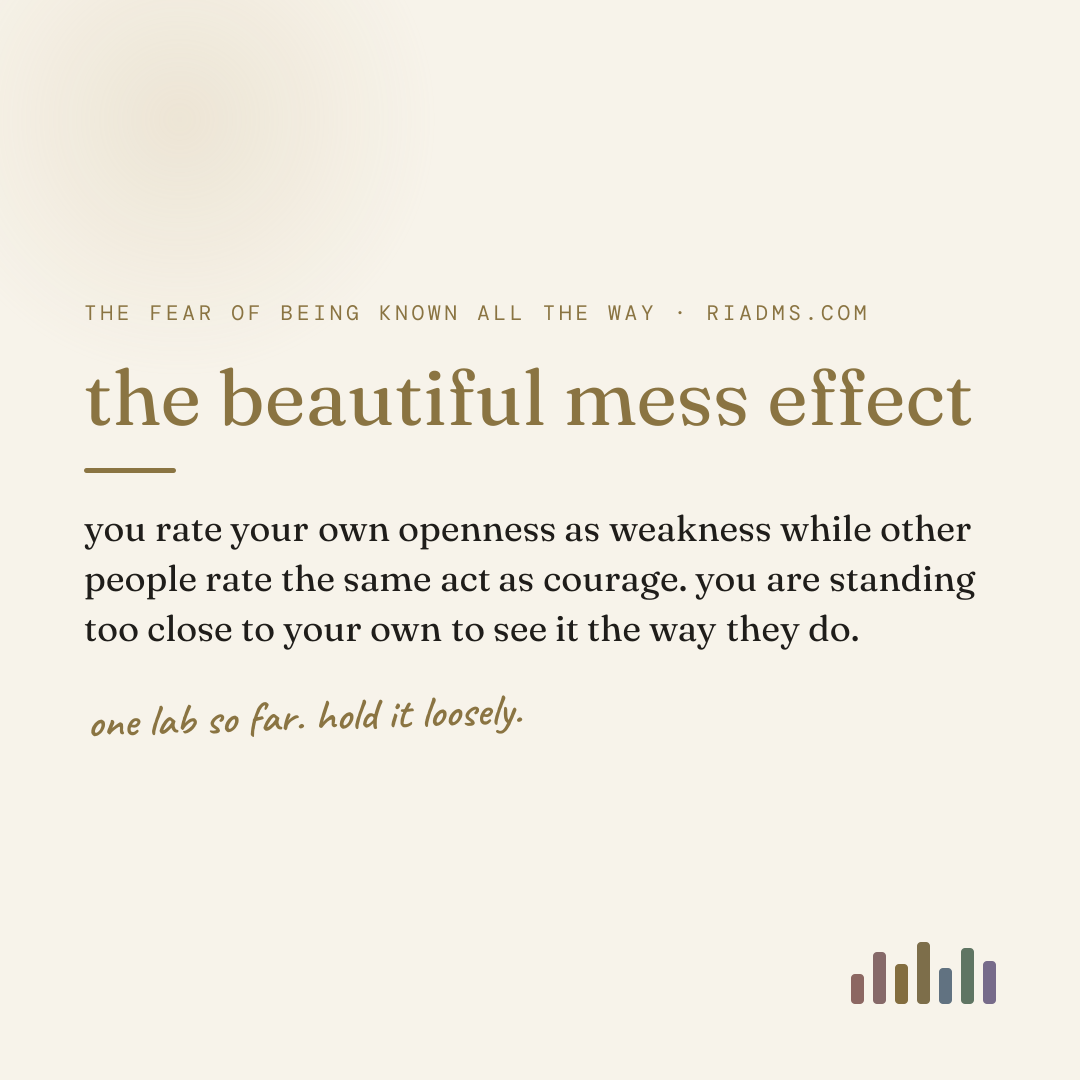 the beautiful mess effect, defined: you rate your own openness as weakness while other people rate the same act as courage. you are standing too close to your own to see it the way they do.