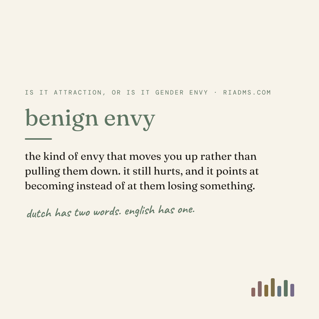 benign envy, defined: the kind of envy that moves you up rather than pulling them down. it still hurts, and it points at becoming instead of at them losing something.