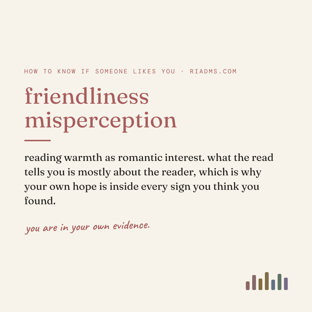 friendliness misperception, defined: reading warmth as romantic interest. what the read tells you is mostly about the reader, which is why your own hope is inside every sign you think you found.