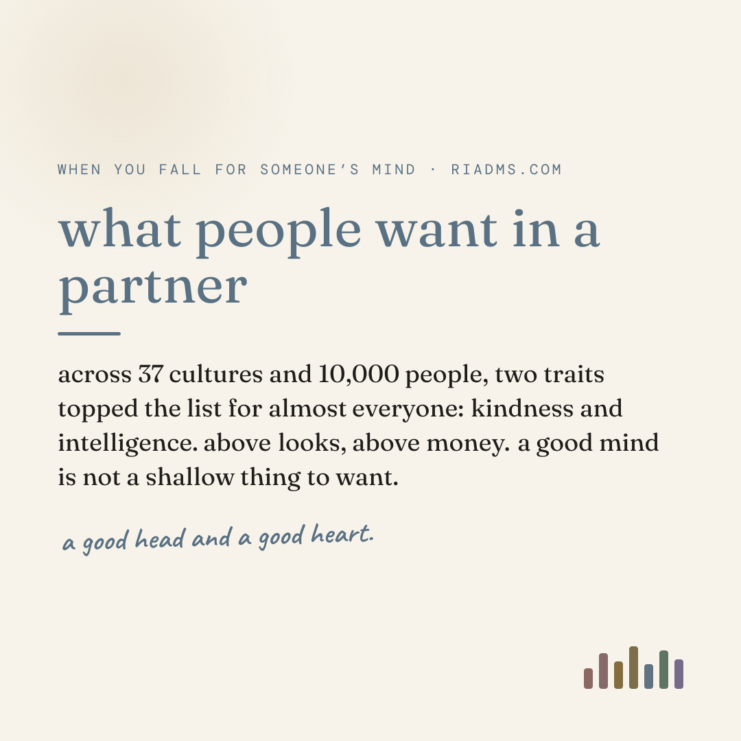 what people want in a partner, defined: across 37 cultures and 10,000 people, two traits topped the list for almost everyone: kindness and intelligence. above looks, above money. a good mind is not a shallow thing to want.