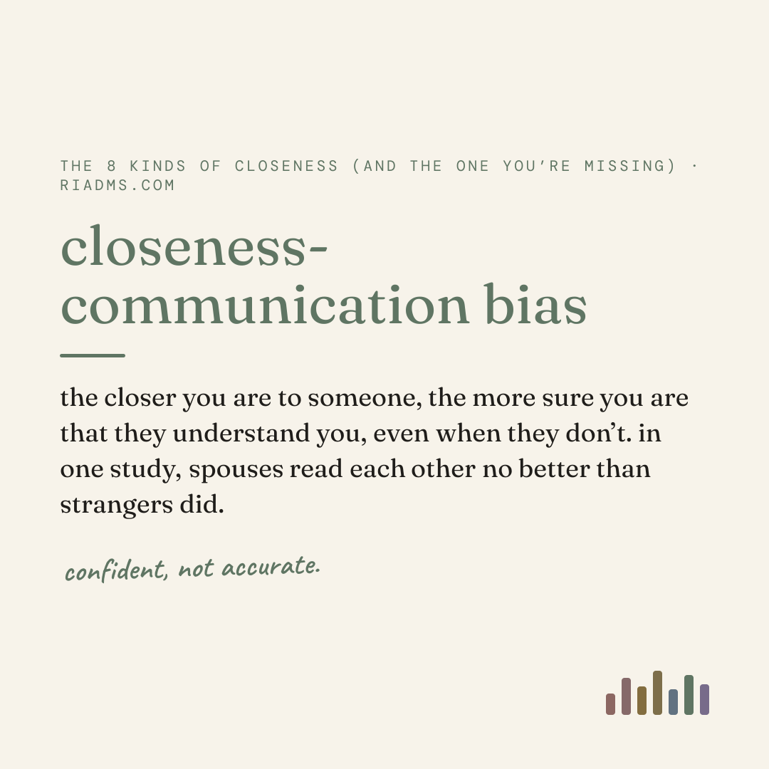 closeness-communication bias, defined: the closer you are to someone, the more sure you are that they understand you, even when they don’t. in one study, spouses read each other no better than strangers did.