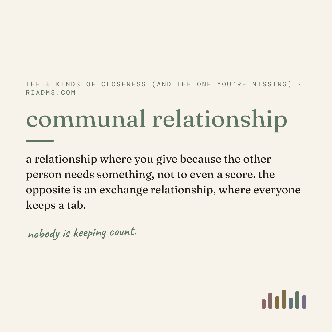 communal relationship, defined: a relationship where you give because the other person needs something, not to even a score. the opposite is an exchange relationship, where everyone keeps a tab.