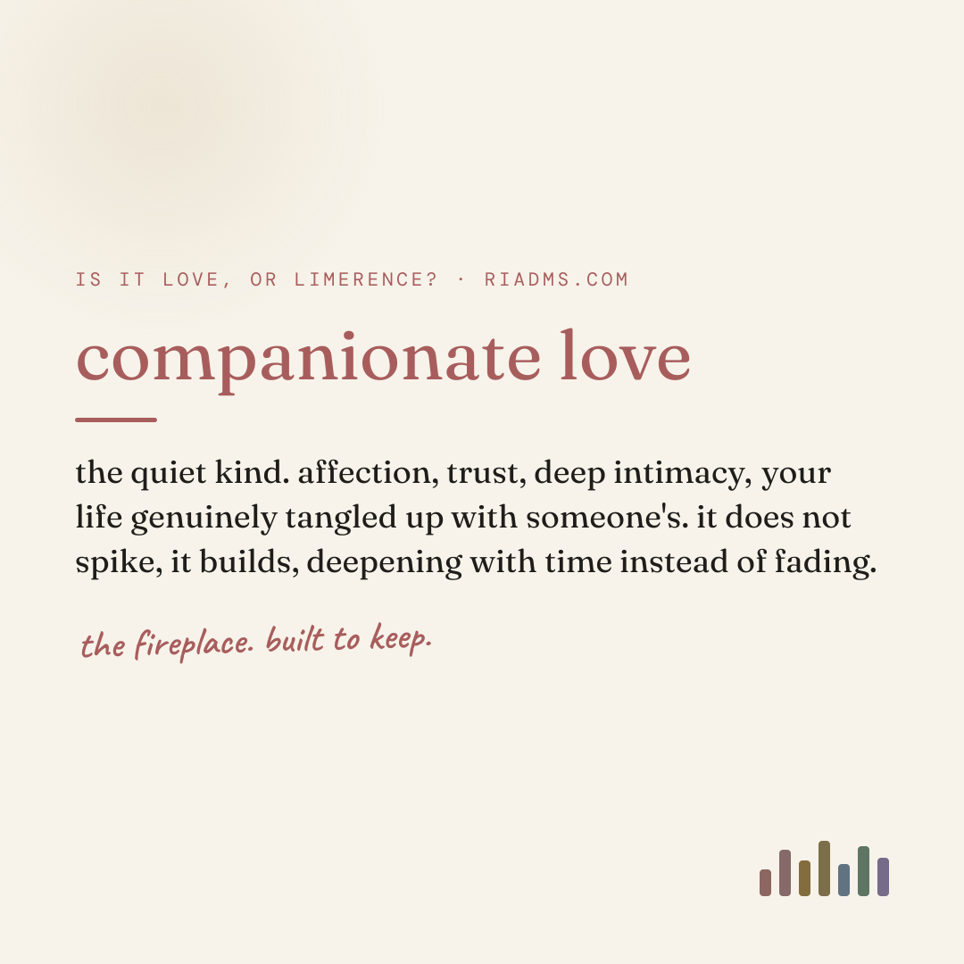companionate love, defined: the quiet kind. affection, trust, deep intimacy, your life genuinely tangled up with someone's. it does not spike, it builds, deepening with time instead of fading.