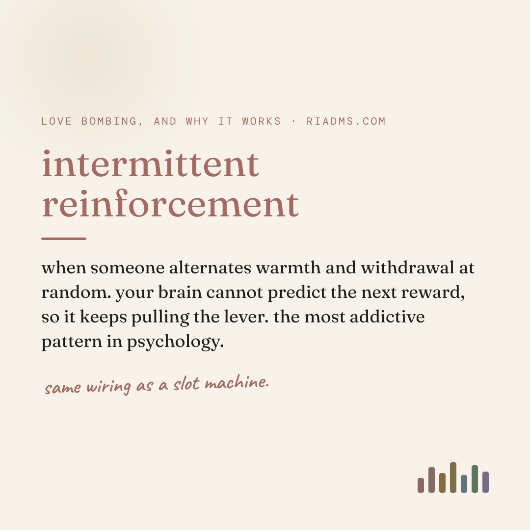 intermittent reinforcement, defined: when someone alternates warmth and withdrawal at random. your brain cannot predict the next reward, so it keeps pulling the lever. the most addictive pattern in psychology.