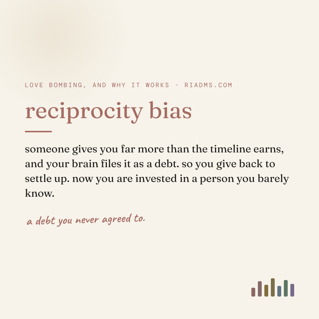 reciprocity bias, defined: someone gives you far more than the timeline earns, and your brain files it as a debt. so you give back to settle up. now you are invested in a person you barely know.