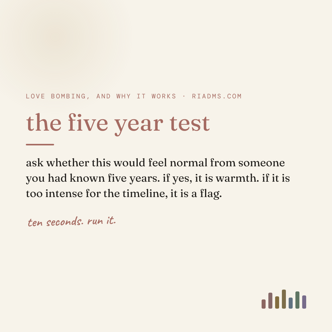 the five year test, defined: ask whether this would feel normal from someone you had known five years. if yes, it is warmth. if it is too intense for the timeline, it is a flag.