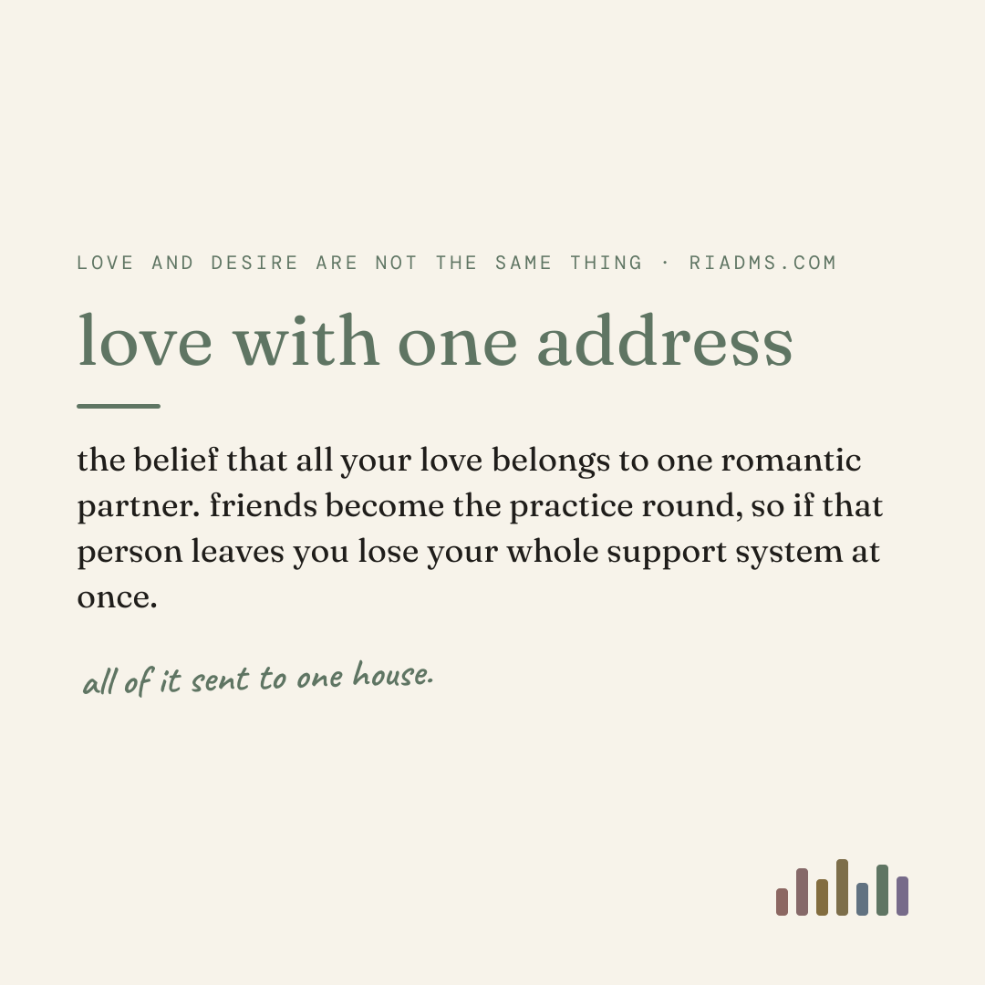 love with one address, defined: the belief that all your love belongs to one romantic partner. friends become the practice round, so if that person leaves you lose your whole support system at once.