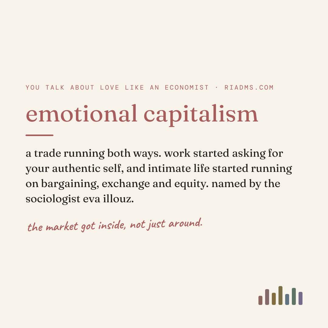 emotional capitalism, defined: a trade running both ways. work started asking for your authentic self, and intimate life started running on bargaining, exchange and equity. named by the sociologist eva illouz.
