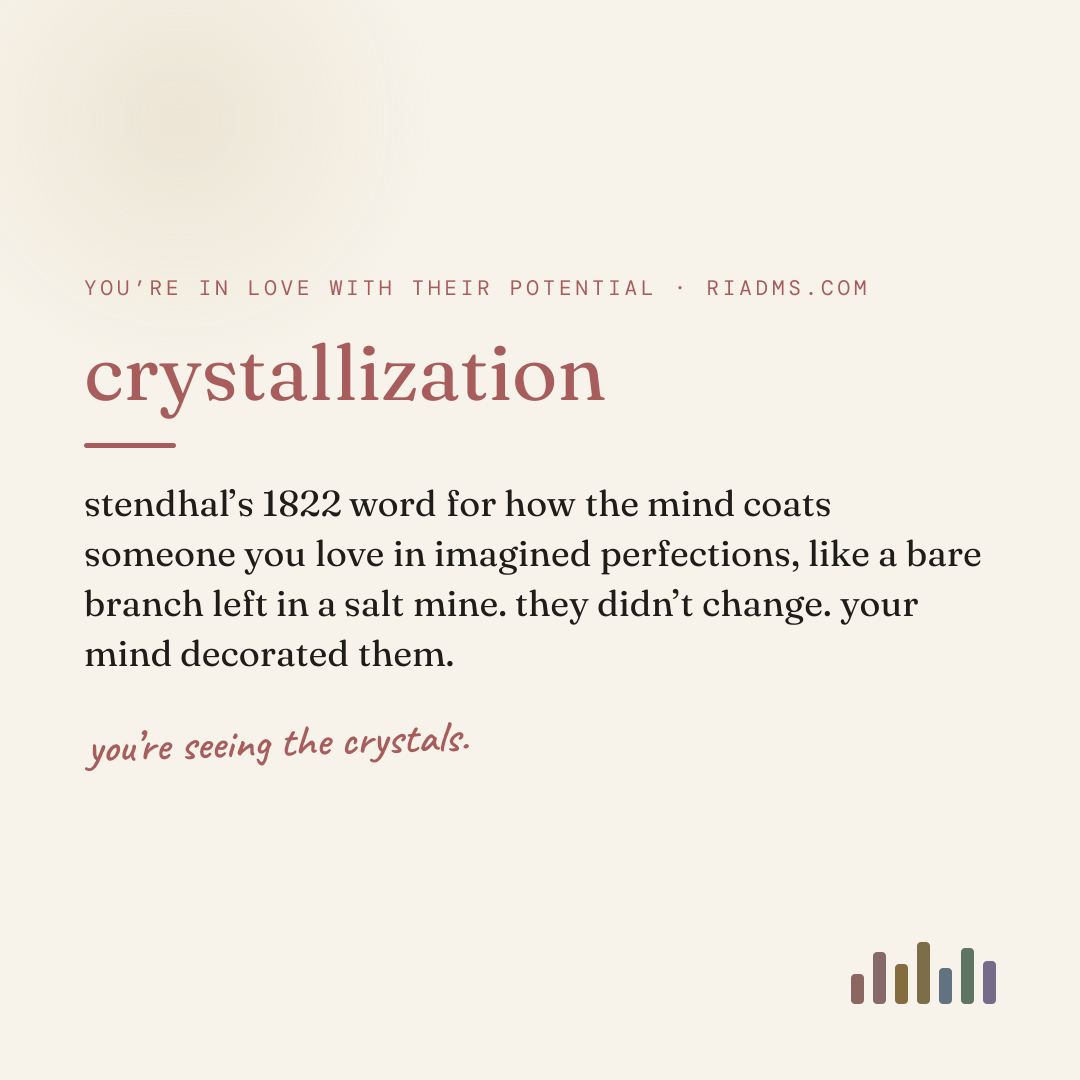 crystallization, defined: stendhal’s 1822 word for how the mind coats someone you love in imagined perfections, like a bare branch left in a salt mine. they didn’t change. your mind decorated them.