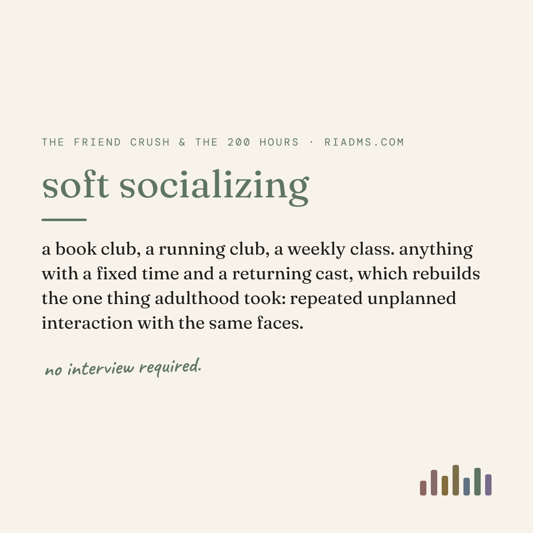 soft socializing, defined: a book club, a running club, a weekly class. anything with a fixed time and a returning cast, which rebuilds the one thing adulthood took: repeated unplanned interaction with the same faces.