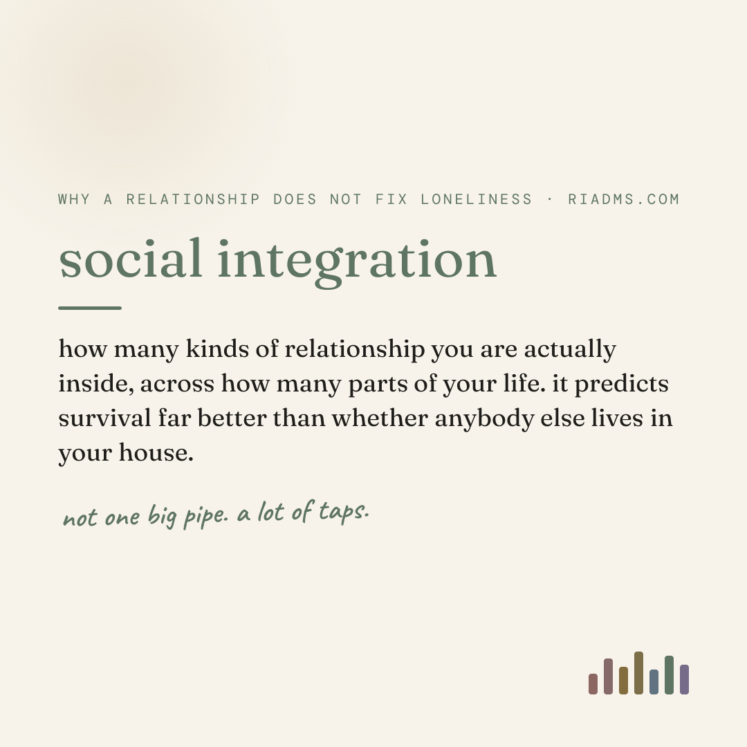 social integration, defined: how many kinds of relationship you are actually inside, across how many parts of your life. it predicts survival far better than whether anybody else lives in your house.
