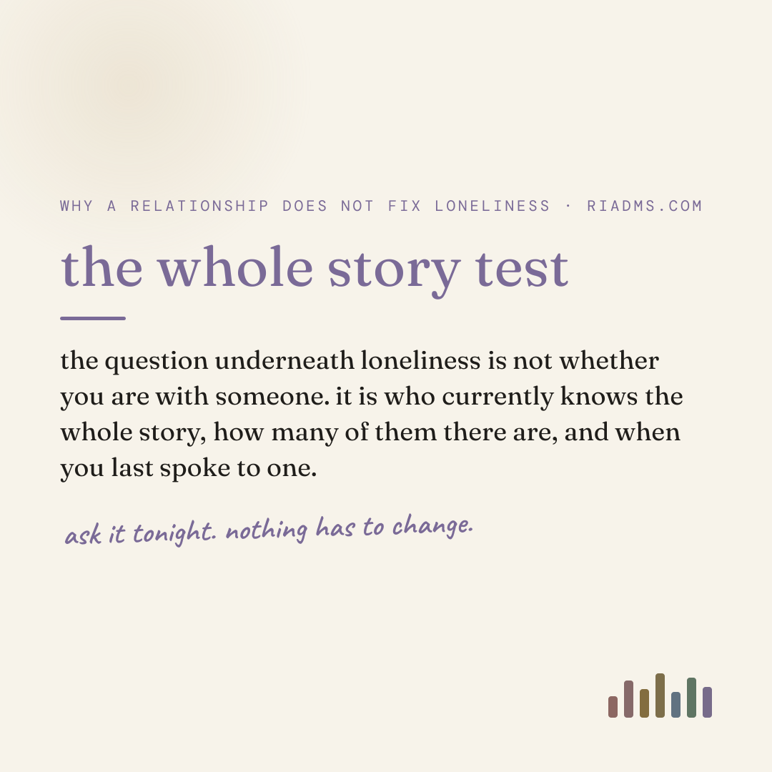 the whole story test, defined: the question underneath loneliness is not whether you are with someone. it is who currently knows the whole story, how many of them there are, and when you last spoke to one.