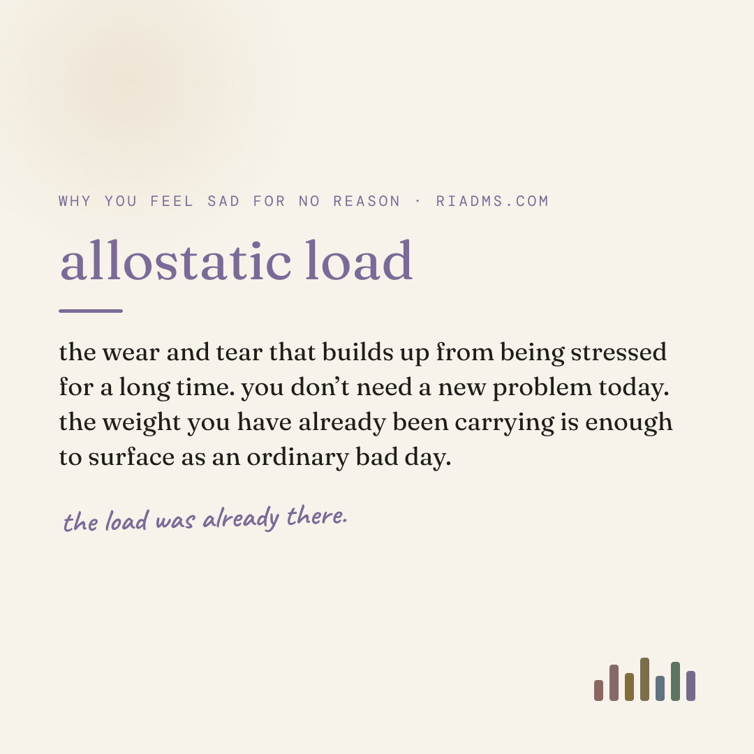 allostatic load, defined: the wear and tear that builds up from being stressed for a long time. you don’t need a new problem today. the weight you have already been carrying is enough to surface as an ordinary bad day.