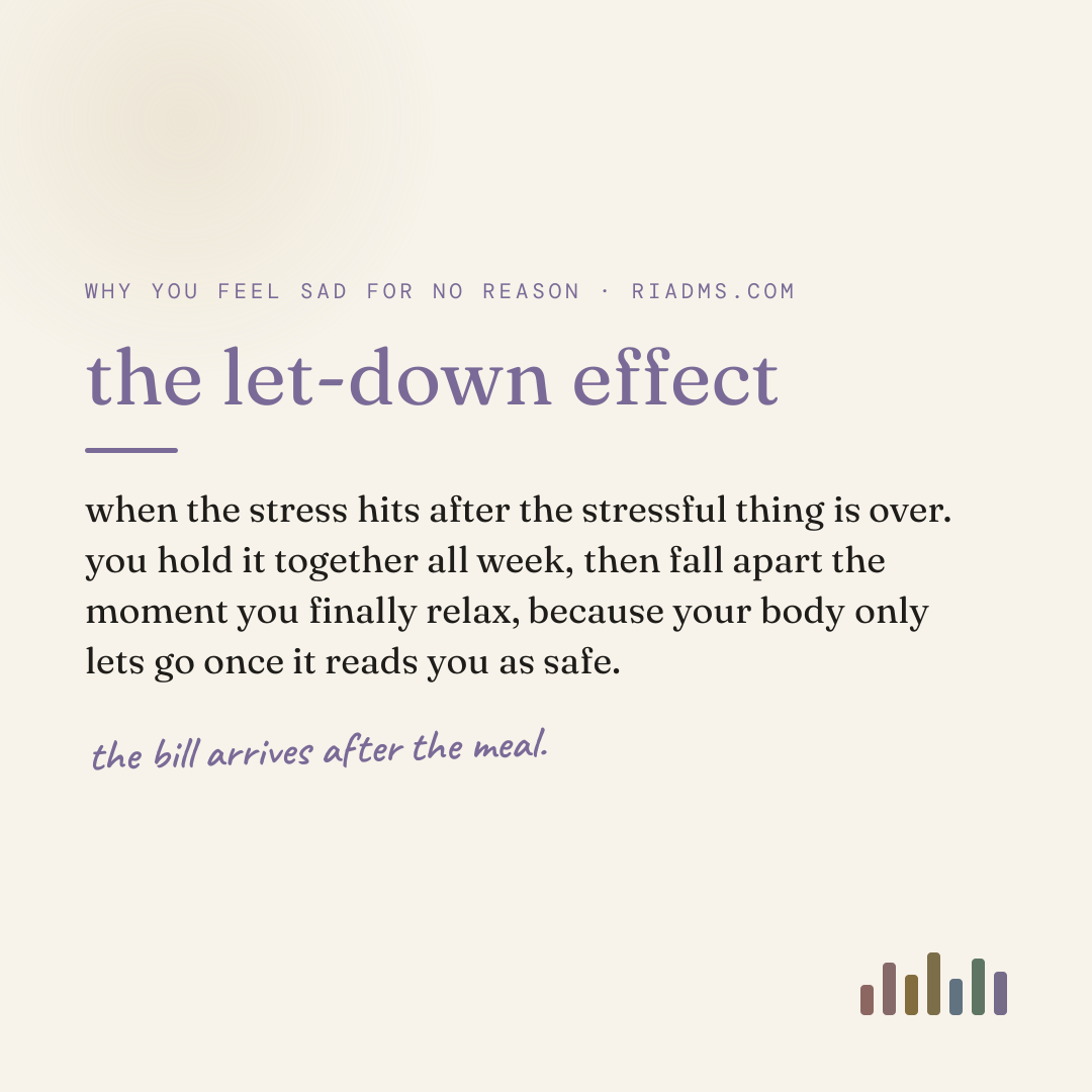 the let-down effect, defined: when the stress hits after the stressful thing is over. you hold it together all week, then fall apart the moment you finally relax, because your body only lets go once it reads you as safe.