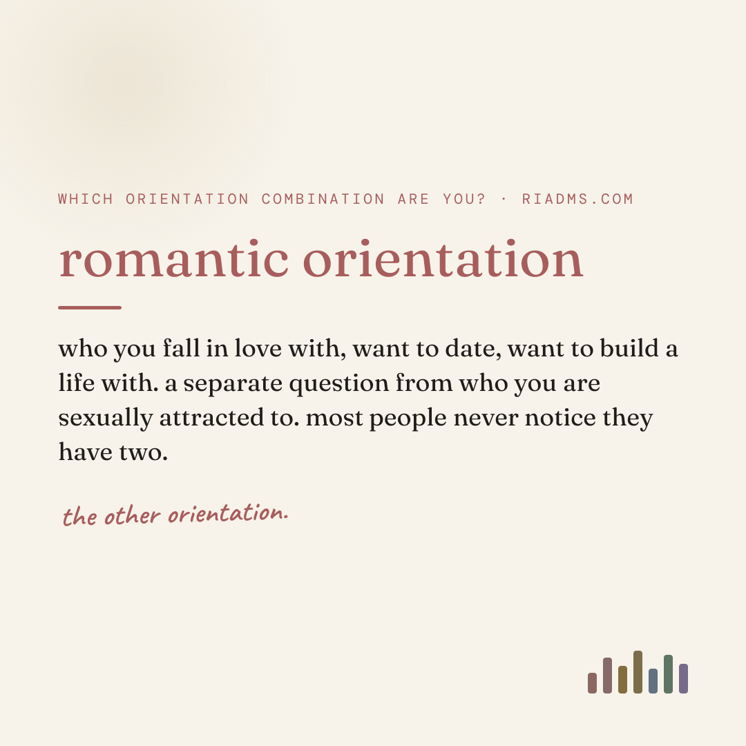 romantic orientation, defined: who you fall in love with, want to date, want to build a life with. a separate question from who you are sexually attracted to. most people never notice they have two.
