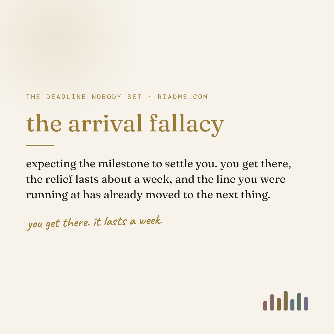 the arrival fallacy, defined: expecting the milestone to settle you. you get there, the relief lasts about a week, and the line you were running at has already moved to the next thing.