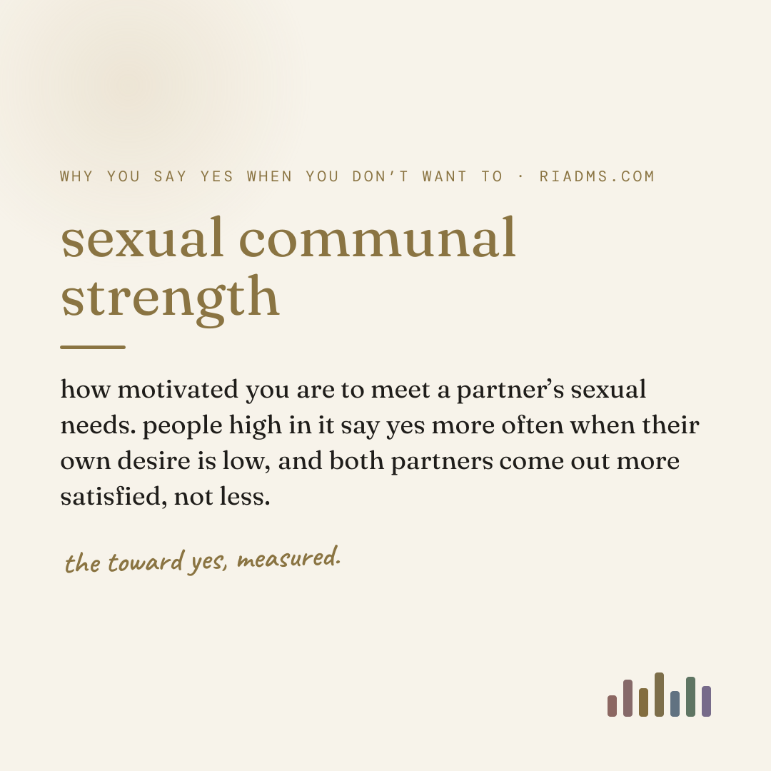 sexual communal strength, defined: how motivated you are to meet a partner’s sexual needs. people high in it say yes more often when their own desire is low, and both partners come out more satisfied, not less.