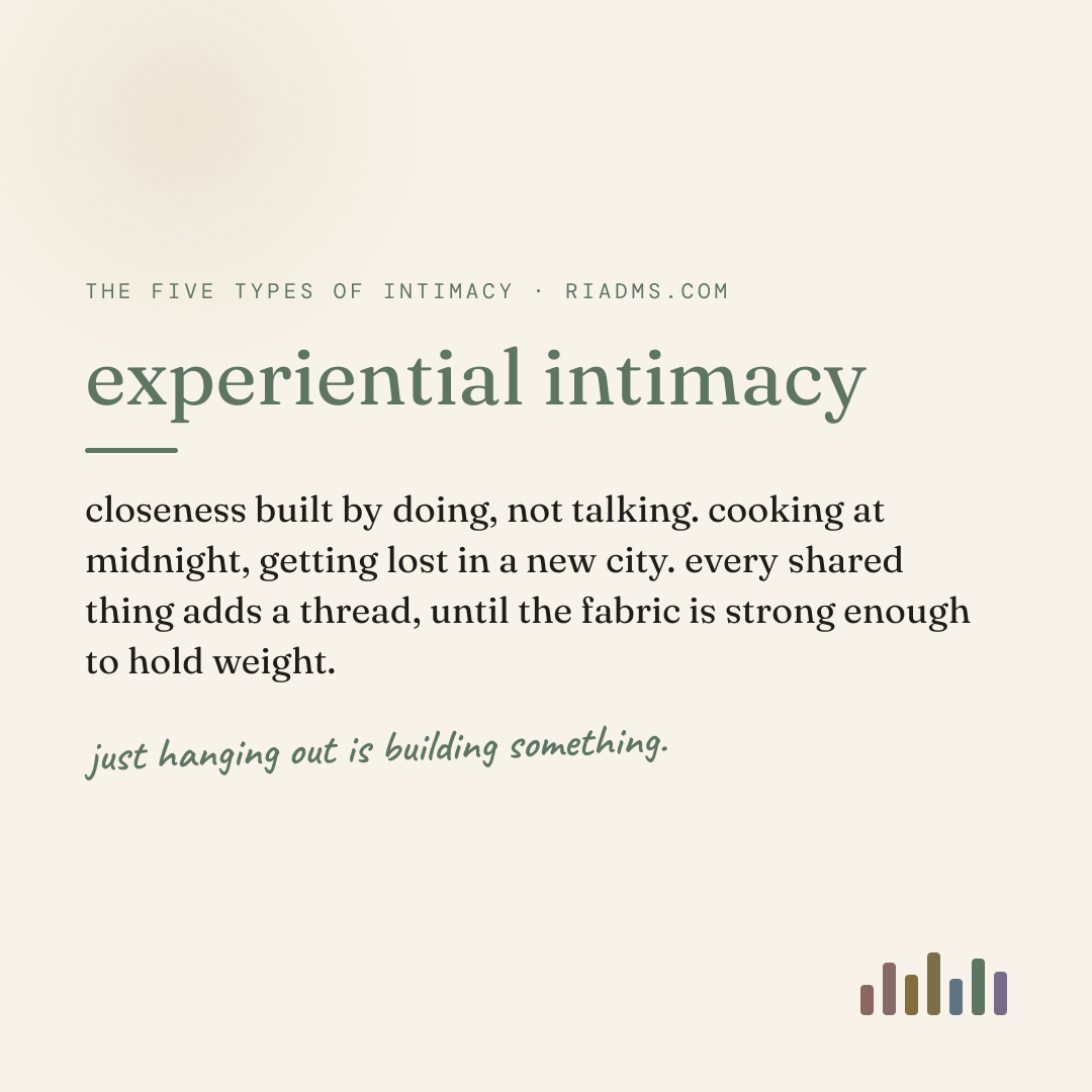 experiential intimacy, defined: closeness built by doing, not talking. cooking at midnight, getting lost in a new city. every shared thing adds a thread, until the fabric is strong enough to hold weight.