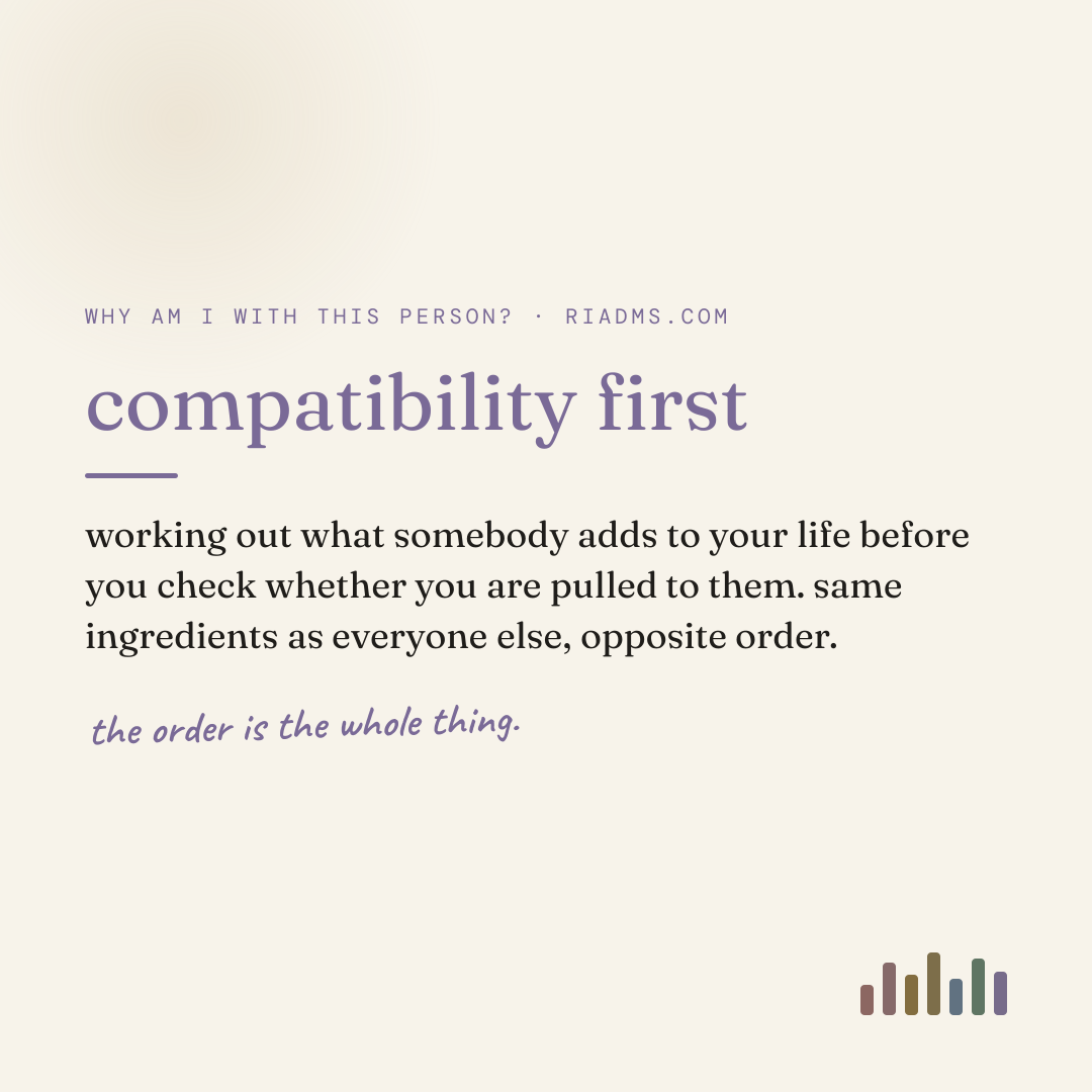 compatibility first, defined: working out what somebody adds to your life before you check whether you are pulled to them. same ingredients as everyone else, opposite order.