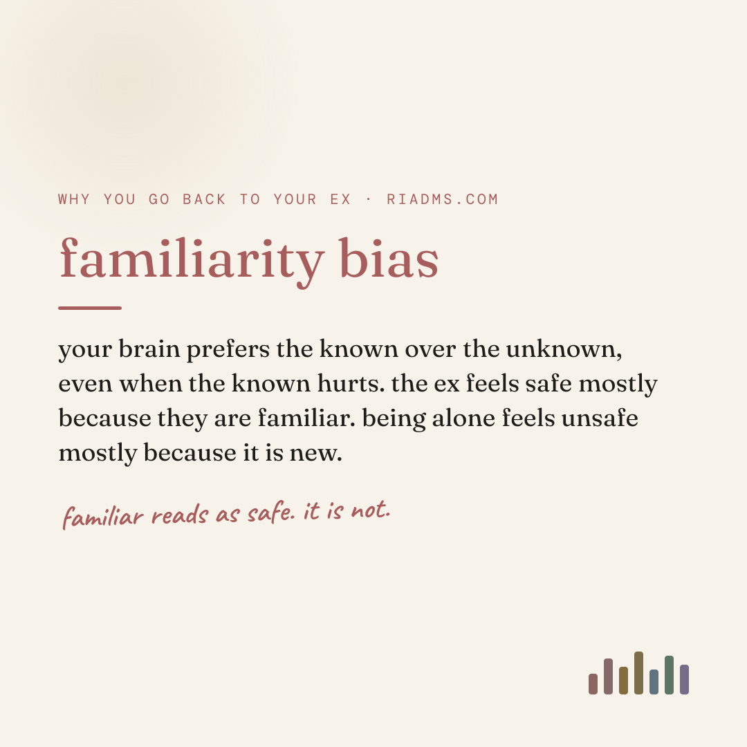 familiarity bias, defined: your brain prefers the known over the unknown, even when the known hurts. the ex feels safe mostly because they are familiar. being alone feels unsafe mostly because it is new.