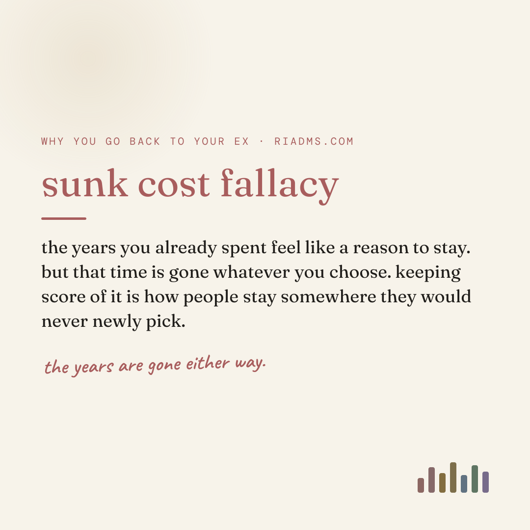 sunk cost fallacy, defined: the years you already spent feel like a reason to stay. but that time is gone whatever you choose. keeping score of it is how people stay somewhere they would never newly pick.