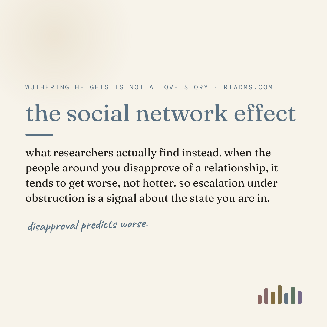 the social network effect, defined: what researchers actually find instead. when the people around you disapprove of a relationship, it tends to get worse, not hotter. so escalation under obstruction is a signal about the state you are in.