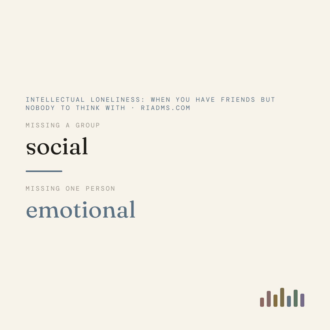robert weiss split loneliness in two in 1973. social loneliness is having no group to do ordinary things with. emotional loneliness is having no one close person. one does not fill the other.