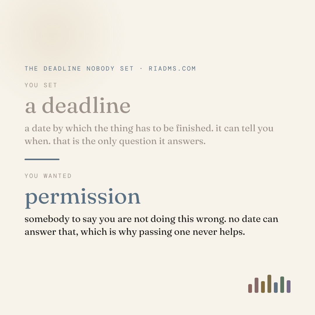a deadline answers when something has to be finished. the question underneath the one you set for your own life was never about time, it was whether you are doing this wrong, and a date cannot answer that.
