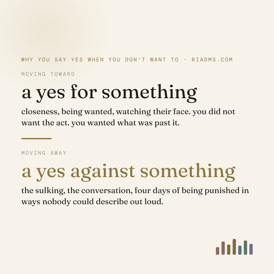 the two reasons to say yes to something you were not already wanting. moving toward is a yes for closeness or for being wanted. moving away is a yes against a mood, a conversation, or a cost you have learned to forecast. both produce the identical word and they do not leave you in the same condition.