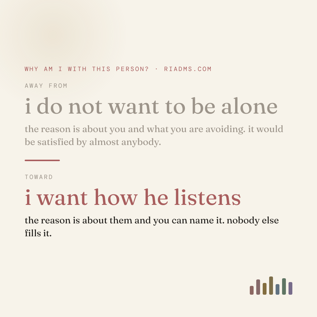 every answer to "why am i with this person" points one of two ways. away from something you are scared of, or toward something you can name about them. the away answers are the ones that would be satisfied by almost anybody.